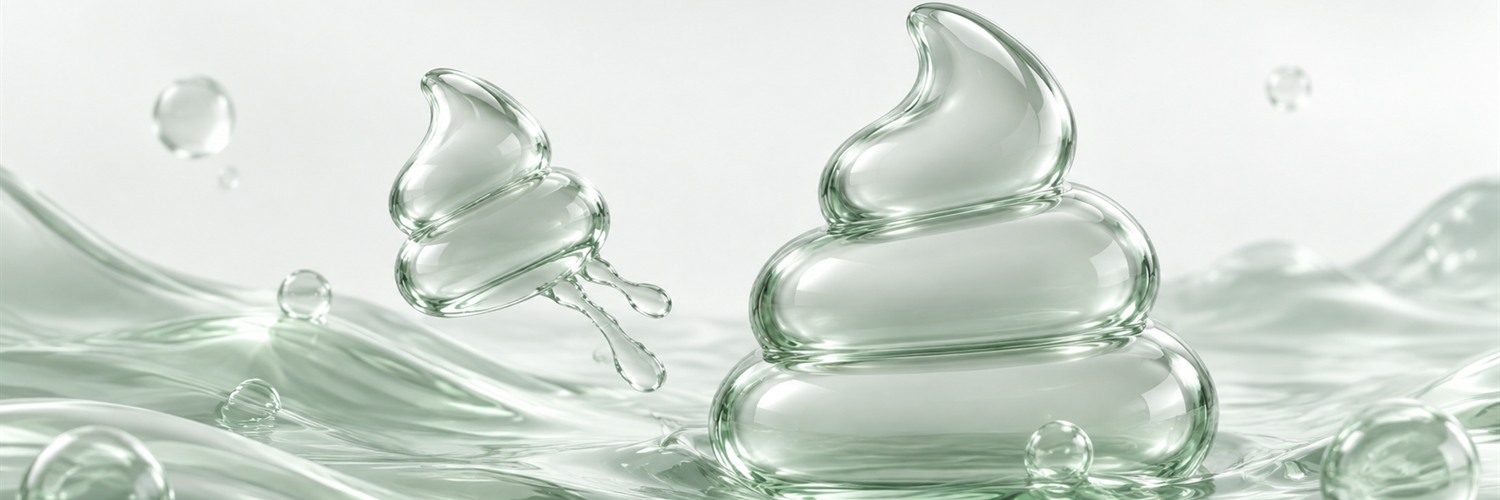 Two translucent Poop Pons characters floating across a pale mint liquid landscape