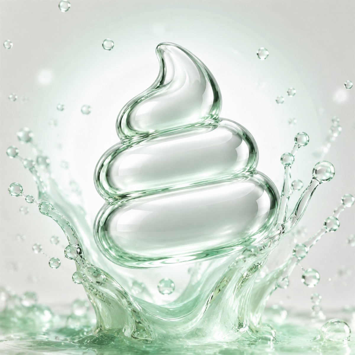 A translucent mint glass Poop Pons mascot launching through a liquid splash